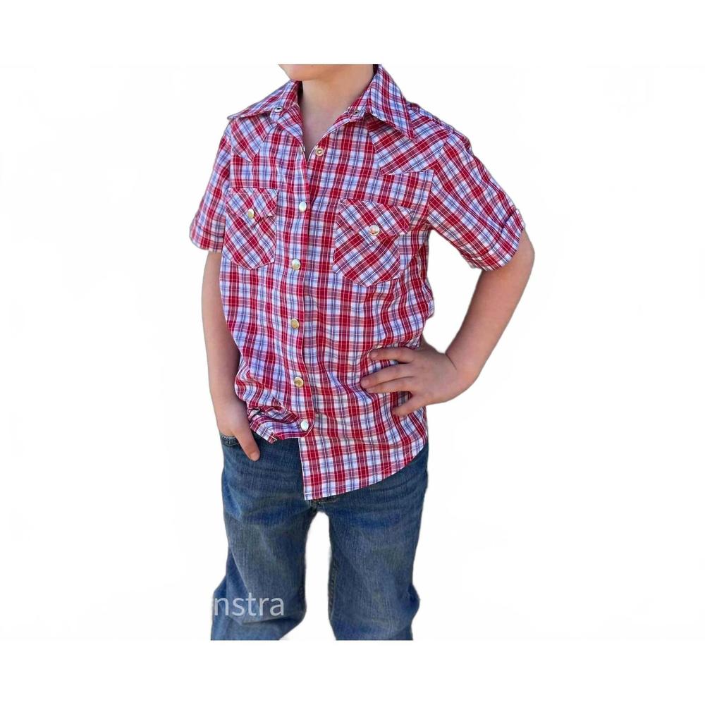 NEW AMERICAN FARM COMPANY boys youth plaid pattern metal snap shirt in red